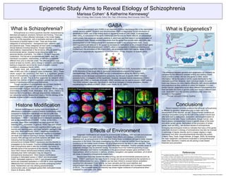 Epigenetic Study Aims to Reveal Etiology of Schizophrenia
Marissa Cohen1
& Katherine Kenneweg2
1
Dept. of Zoology, Miami University, Oxford, Ohio; 2
Dept. of Microbiology, Miami University, Oxford, Ohio
What is Epigenetics?
GABA
Gamma-aminobutyric acid (GABA) is an important inhibitory neurotransmitter in the mammalian
central nervous system. Glutamic acid decarboxylase (GAD) is responsible for the conversion of
glutamate to GABA, and is the limiting factor in regulating levels of CNS GABA. In several brain
sites, GAD67 is colocalized to the same GABAergic interneurons as Reelin (RELN), an extracellular
matrix protein that subserves synaptic plasticity in adult brain and that helps in normal lamination of
the embryonic brain. Recent studies have shown that the genes that encode reelin and GAD67 are
downregulated at both transcriptional and translational levels in the schizophrenic brain. These
downregulations are believed to be caused by increases in methylation at the promoter of each gene
regulated by DNA Methyltransferase 1 (DNMT), which is upregulated in GABAergic interneurons.
Furthermore, the promoters of RELN and GAD67 are embedded within CpG islands, areas of DNA
known to be epigenetically regulated by hypermethylation. (Costa, Grayson, & Guidotti, 2003)
Understanding epigenetic mechanisms regulating RELN and GAD67 transcription is likely to lead
to the discovery of new drugs able to reprogram transcriptional programs that support
neuropathology. Thus, inhibiting DNMT activity in schizophrenics along the RELN or GAD67
promoters should decrease schizophrenic symptoms, but the lack of specific DNMT inhibitors
prevents further investigation of this hypothesis. However, because histone deacetylase (HDAC)
interacts with DNMT to inactivate chromatin, HDAC inhibitors can be used to prevent DNMT activity.
The HDAC inhibitor, valproate, has shown to lead to an increase in histone acetylation, thereby
counteracting the effects of DNMT. (Roth, Lubin, Sodhi, & J.E., 2009)
Histone Modification
Several recent research studies have found significant
differences in postmortem brains in histone modifications when
compared to brains from individuals who did not suffer from
schizophrenia. In particular, elevated levels of enzyme histone
deacetylase 1, HDAC1, has been found in diseased samples as
well as decreased levels of GAD67. Further, at the GAD67
promoter, lower H3K4 methylation has been observed, thus
lowering GAD67 expression. In general, HDAC has been shown
to improve neurodegenerative and cognitive phenotypes, boost
memory and learning tasks, and lower ischemic damage in wild
type mice. More specifically, HDAC1 negatively mediated by
siRNA or by pharmacological means has resulted in increased
cell death and impaired learning in studies. Normally, HDAC1
corrects DNA damage and prevents ischemic cell death, thus
indicating that the pathogenic processes included in
schizophrenia increase HDAC1 expression and the disorder is
propagated by the increase. Common antidepressants used to
treat schizophrenia able to alter the chromatin, are known to
alleviate some of the symptoms of the disorder. These MAOIs
have H3K4 histone demethylase inhibitory activity, thus
indicating that H3K4 methylation may be integral to
schizophrenia development. Other histone modifications
including in methylated lysines in H3K27 and dimethylated
H3K9, methylated arginine in H3R17, and phosphorylated
serine and acetylated acetylation in H3S10K14, show significant
differences from normal brains are currently undergoing further
study. Researchers are now utilizing peripheral blood
mononuclear cells to investigate global DNA methylation levels
(Gavin & Shrama, 2009).
Effects of Environment
Epigenetic modifications are caused by environmental conditions, both neonatal and postnatal.
Significant research has been done to investigate these effects and possible contributions to
diseases such as schizophrenia in the hope that finding these correlations will lead to better disease
prevention in the future. One study investigating the effect of maternal nutrition found that famine
conditions for the mother could increase risk of schizophrenia for the fetus in utero two-fold. Thus,
malnutrition may trigger gene misregulation and differential methylation. Another possible cause of
epigenetic changes may be parental rearing. Rat studies found that maternal grooming of pups
caused methylation and histone modifications in the glucocorticoid receptor gene promoter in the
hippocampus, which is involved in memory, emotion, navigation, and spatial orientation, all of which
are areas of interest to schizophrenia researchers.
Researchers have also studied the effect of drug use and environmental pressures such as
stress. DNMT1 expression has been found to change and cause schizophrenia-like symptoms in
chronic methanphetamine users. Cocaine use has been linked to unusual histone acetylation
resulting from decreased HDAC activity, as have cannabis and the mood stabilizer and
anticonvulsant valproate. Finally, fear and stress revealed demethylation and increased expression
of RELN., The increased stress of urbanicity has shown higher incidence of schizophrenia when
compared to rural areas. (Oh, 2008).
What is Schizophrenia?
Schizophrenia is a chronic psychotic disorder characterized by
disturbed perceptions, emotions, behavior and thinking. There are
approximately 2 million affected individuals in the United States,
about 1% of the population, with a worldwide estimate is 24 million.
Occurrance is fourfold higher in men. There are three main
categories of schizophrenia – disorganized type, catatonic type,
and paranoid type. These categories all have some overlapping
clinical features including delusions, thought disorder,
hallucinations, inappropriate or flat emotions, difficulty screening
environmental stimuli, impaired social interaction skills, and
personal identity uncertainty. The DSM-IV-TR has 4 diagnostic
contentions. The first set is symptomatically based. Next, the
individual’s occupation, relationships, or self-care is markedly
different from prior to disorder onset. The affected period must
extend at least six months, and a change in behaviors and thoughts
leading to diagnosis cannot be the result of another medical
condition or substance (Nevid, 2008).
Studies done with monozygotic twins yielded concordance
rates of 48% and 3.6% in dizygotic twins (Gottesman, 1991). These
values support the conclusion that there is a significant genetic
cause of schizophrenia, but that environmental factors contribute to
the disorder, as well. This is further supported by research which
reported that children of two schizophrenic parents had only a 45%
chance of developing schizophrenia themselves.
Though one cause of schizophrenia has not been identified,
researchers have suggested viral, genetic, nutritional,
neurotransmitter changes, and brain mass decrease (Brown, Begg,
Gravenstein, Schaefer, Wyatt, Bresnahan, et al., 2004). There is no
treatment for schizophrenia, although antipsychotic medications
can reduce symptoms. Researchers hope to find the etiology of the
disorder in order to find a cure for schizophrenia.
References
Brown, AS, Begg, MD, Gravenstein, S, Schaefer, CA, Wyatt, RJ. Bresnahan, M, et al. (2004). Serological evidence of prenatal influenza in the etiology of
schizophrenia. Archives of Gen. Psychiatry. 61, 774-780
Costa, E, Grayson, D, & Guidotti, A. (2003). Epigenetic functions in schizophrenia. Molecular interventions, 220-229.
Gavin, DP & Sharma, RP. (2009). Histone modiﬁcations, DNA methylation, and Schizophrenia. Neuroscience and Biobehavioral Reviews 34, 882-888
Fatemi, H, Stary, J, Earle, J, Araghi-Niknam, M, & Eagan, E. (2005). GABAergic dysfunction in schizophrenia and mood disorders as feflected by decreased
levels of gluamic acid decarboxylase 65 and 67 kDa and Reelin proteins in cerebellum. Schizophrenia Research , 109-122.
Gottesman, II. (1991). Schizophrenia genetics: The origins of madness. New York: Freeman.
Narr, KL, Thompson, PM, Sharma, T, Moussai, J, Cannestra, AF, Toga, AW. (2000). Mapping Corpus Callosum Morphology in Schizophrenia. Cerebral
Cortex. 10(1), 40-49.
Nevid, JS, Rathus, SA, and Greene, B. (2008). Abnormal Psychology in a Changing World: Seventh edition.
Oh, G and Petronis, A. (2008). Environmental Studies of Schizophrenia Through the Prism of Epigenetics. Schizophr. Bull. 34(6), 1122-1129.
Roth, T, Lubin, F, Sodhi, M, and JE, K. (2009). Epigenetic mechanisms in schizophrenia. Biochimica et Biophysica Acta , 869-877.
Thompson, PM, Vidal, C, Giedd, JN, Gochman, P, Blumenthal, J, Nicolson, R, Toga, AW, and Rapoport, JL. (2001). Mapping adolescent brain change
reveals dynamic wave of accelerated gray matter loss in very early-onset schizophrenia. PNAS. 11650-11655.
“The difference between genetics and epigenetics can probably be
compared to the difference between writing and reading a book.
Once a book is written, the text (the genes or DNA: stored
information) will be the same in all the copies distributed to the
interested audience. However, each individual reader of a given
book may interpret the story slightly differently, with varying emotions
and projections as they continue to unfold the chapters. In a very
similar manner, epigenetics would allow different interpretations of a
fixed template (the book or genetic code) and result in different read-
outs, dependent upon the variable conditions under which this
template is interrogated.”
- Thomas Jenuwein (Vienna, Austria)
(Thompson, et. al., 2001) (Narr, et al., 2000)
Background image courtesy of The Royal Society of New Zealand
(http://nihroadmap.nih.gov/EPIGENOMICS/images/epigeneticmechanisms)
Conclusions
Recent research provides evidence that although schizophrenia
is affected by genetics, epigenetics play a major role in the
development of the disorder, as well. Environmental conditions an
individual encounters during his life both in his mother’s womb and
after birth lead to methylation, acetylation, and phosphorylation of
DNA and histone tails. These modifications, though normal, may
lead to severe consequences if done in specific areas of the brain
and within certain genes. Methylation of the promoters of certain
genes, such as GAD67, are obvious causes of schizophrenia.
Emerging neurobiological evidence indicates that many of the genes
potentially involved in etiology of schizophrenia may also be involved
in pathology of bipolar disorder and to a lesser degree in major
depression and other neurodevelopmental disorders like autism
(Fatemi, Stary, Earle, Araghi-Niknam, & Eagan, 2005). By studying
the major epigenetic mechanisms implicated in schizophrenia and
these other disorders, it seems we are paving a road toward
treatment and prevention.
 