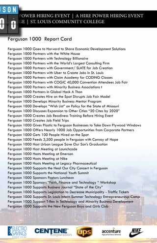 A HIRE POWER HIRING EVENT | A HIRE POWER HIRING EVENT
Y COLLEGE | ST. LOUIS COMMUNITY COLLEGE
Ferguson 1000 Report Card
Ferguson 1000 Goes to Harvard to Share Economic Development Solutions
Ferguson 1000 Partners with the White House
Ferguson 1000 Partners with Technology Billionaire
Ferguson 1000 Partners with the World’s Largest Consulting Firm
Ferguson 1000 Partners with Government/ SLATE for Job Creation
Ferguson 1000 Partners with Uber to Create Jobs in St. Louis
Ferguson 1000 Partners with Claim Academy for CODING Classes
Ferguson 1000 Partners with COGIC 40,000 Convention Attendees Job Fair
Ferguson 1000 Partners with Minority Business Associations t
Ferguson 1000 Partners in Global Hack A Thon
Ferguson 1000 Creates Hire on the Spot Disrupts Job Fair Model
Ferguson 1000 Develops Minority Business Mentor Program
Ferguson 1000 Develops “Wish List” on Policy for the State of Missouri
Ferguson 1000 Discusses Expansion to Other Cities “20 Cites by 2020”
Ferguson 1000 Creates Job Readiness Training Before Hiring Event
Ferguson 1000 Creates Job Field Trips
Ferguson 1000 Gives Plastic to Ferguson Businesses to Take Down Plywood Windows
Ferguson 1000 Offers Nearly 1000 Job Opportunities from Corporate Partners
Ferguson 1000 Gets 100 People Hired on the Spot
Ferguson 1000 Feeds 3,500 people in Ferguson with Convoy of Hope
Ferguson 1000 Host Urban League Save Our Son’s Graduation
Ferguson 1000 Host Meeting at Launchcode
Ferguson 1000 Hosts Meeting at Emerson
Ferguson 1000 Hosts Meeting at Nike
Ferguson 1000 Hosts Meeting at Legacy Pharmaceutical
Ferguson 1000 Supports the Heal Our City Concert in Ferguson
Ferguson 1000 Supports the National Youth Summit
Ferguson 1000 Sponsors Pastors Luncheon
Ferguson 1000 Sponsors “Faith, Finance and Technology “ Workshop
Ferguson 1000 Supports Business Journal “State of the City”
Ferguson 1000 Supports Legislation to Decrease Municipality - Traffic Tickets
Ferguson 1000 Supports St. Louis Intern Summer Technology Entrepreneurship Camp
Ferguson 1000 Support T-Rex in Technology and Minority Business Development
Ferguson 1000 Supports the New Ferguson Boys and Girls Club
 