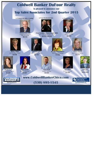 Coldwell Banker DuFour Realty
Is pleased to announce our
Top Sales Associates for 2nd Quarter 2015
Rodney Krebs, CCIM
Commercial Property
Sales & Leasing
896-3168
#1 Team Residential Sales# 1 Commercial Sales & Leasing #1 Residential Sales
Cheryl Thompson / Kristina Brogden, SRES
Your Chico Home Source Team
828-1673 / 864-2342
Sandy Moran
Broker Associate
896-3143
Barbara Weibel
Int’l Presidents Circle
624-6350
Brent McCarthy
Int’l Diamond Society
228-1232
Mary McGowan Anderson
Int’l Diamond Society
518-8888
Tamara Valencia
Int’l Diamond Society
520-5777
Karen Lemcke
Realtor Associate
924-0567
MaryAnn Scott
Int’l Diamond Society
521-0297
www.ColdwellBankerChico.com
(530) 895-1545
Casey Smyth
Realtor Associate
864-8262
Darcy White
Realtor Associate
518-1823
Jacob Darr
Realtor Associate
916-761-3875
 