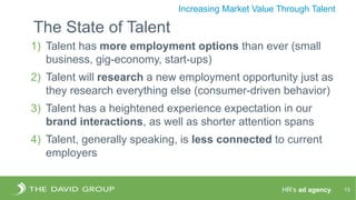 HR’s ad agency. 13
Increasing Market Value Through Talent
The State of Talent
1) Talent has more employment options than ever (small
business, gig-economy, start-ups)
2) Talent will research a new employment opportunity just as
they research everything else (consumer-driven behavior)
3) Talent has a heightened experience expectation in our
brand interactions, as well as shorter attention spans
4) Talent, generally speaking, is less connected to current
employers
 