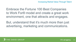 HR’s ad agency. 32
Increasing Market Value Through Talent
Embrace the Fortune 100 Best Companies
to Work For® model and create a great work
environment, one that attracts and engages.
But, understand that it’s much more than just
advertising, marketing and communications.
 