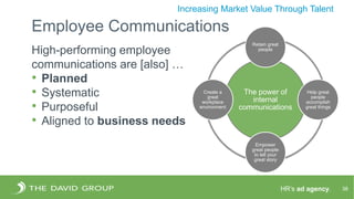 HR’s ad agency.
The power of
internal
communications
Retain great
people
Help great
people
accomplish
great things
Empower
great people
to tell your
great story
Create a
great
workplace
environment
38
Increasing Market Value Through Talent
Employee Communications
High-performing employee
communications are [also] …
• Planned
• Systematic
• Purposeful
• Aligned to business needs
 