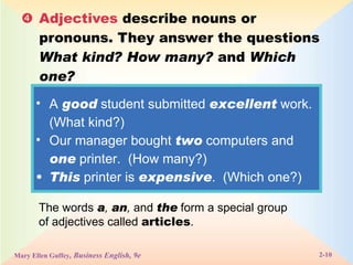  Adjectives  describe nouns or pronouns. They answer the questions  What kind?   How many?  and  Which one? A  good  student submitted  excellent  work.  (What kind?) Our manager bought  two  computers and  one  printer.  (How many?) This  printer is  expensive .  (Which one?) The words  a ,  an ,  and  the  form a special group of adjectives called  articles . 