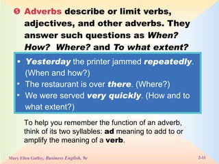  Adverbs  describe or limit verbs, adjectives, and other adverbs. They answer such questions as  When? How?  Where?  and  To what extent? Yesterday  the printer jammed  repeatedly . (When and how?) The restaurant is over  there . (Where?) We were served  very quickly . (How and to what extent?)  To help you remember the function of an adverb, think of its two syllables:  ad  meaning to add to or amplify the meaning of a  verb .  
