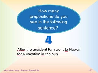 How many prepositions do you see in the following sentence?   After the accident Kim went to Hawaii for a vacation in the sun. 4 