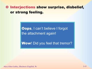  Interjections  show surprise, disbelief, or strong feeling. Oops , I can’t believe I forgot the attachment again! Wow ! Did you feel that tremor? 