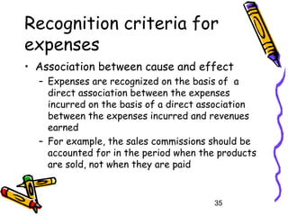 35
Recognition criteria for
expenses
• Association between cause and effect
– Expenses are recognized on the basis of a
direct association between the expenses
incurred on the basis of a direct association
between the expenses incurred and revenues
earned
– For example, the sales commissions should be
accounted for in the period when the products
are sold, not when they are paid
 