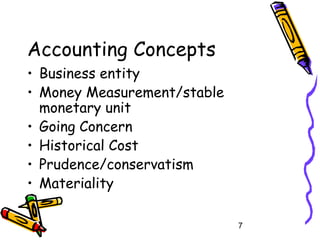 7
Accounting Concepts
• Business entity
• Money Measurement/stable
monetary unit
• Going Concern
• Historical Cost
• Prudence/conservatism
• Materiality
 
