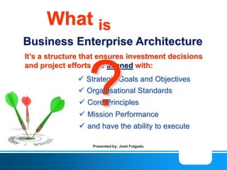 is
It’s a structure that ensures investment decisions
and project efforts are aligned with:
 Strategic Goals and Objectives
Business Enterprise Architecture
What
?
1
 Organisational Standards
 Core Principles
 Mission Performance
 and have the ability to execute
Presented by: Josh Folgado
 