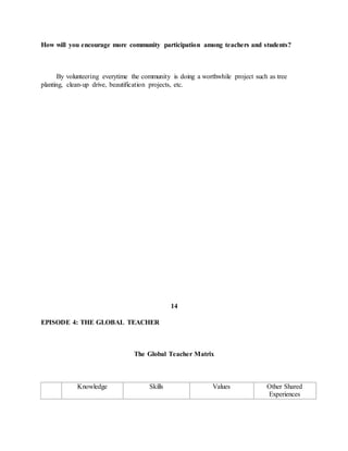 How will you encourage more community participation among teachers and students?
By volunteering everytime the community is doing a worthwhile project such as tree
planting, clean-up drive, beautification projects, etc.
14
EPISODE 4: THE GLOBAL TEACHER
The Global Teacher Matrix
Knowledge Skills Values Other Shared
Experiences
 