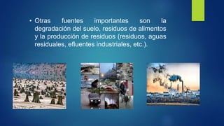 • Otras fuentes importantes son la
degradación del suelo, residuos de alimentos
y la producción de residuos (residuos, aguas
residuales, efluentes industriales, etc.).
 