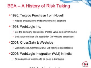 BEA – A History of Risk Taking

 1995: Tuxedo Purchase from Novell
     Helped crystallize the middleware market-segment

 1998: WebLogic Inc.
     Bet-the-company acquisition, created J2EE app server market
     Best value-creation via acquisition (till VMWare acquisition)

 2001: CrossGain & Westside
     Web Services, Controls & IDE; Did not meet expectations

 2006: WebLogic Integration (WLI) in India
     All engineering functions to be done in Bangalore
 