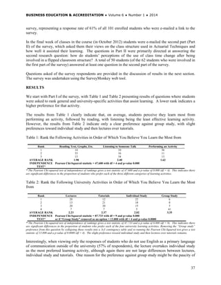 BUSINESS EDUCATION & ACCREDITATION ♦ Volume 6 ♦ Number 1 ♦ 2014
37
survey, representing a response rate of 61% of all 101 enrolled students who were e-mailed a link to the
survey.
In the final week of classes in the course (in October 2012) students were e-mailed the second part (Part
II) of the survey, which asked them their views on the class structure used in Actuarial Techniques and
how well it assisted their learning. The questions in Part II were primarily directed at answering the
second research question: how do students’ perceptions of the use of class time change after being
involved in a flipped classroom structure? A total of 50 students (of the 62 students who were involved in
the first part of the survey) answered at least one question in the second part of the survey.
Questions asked of the survey respondents are provided in the discussion of results in the next section.
The survey was undertaken using the SurveyMonkey web tool.
RESULTS
We start with Part I of the survey, with Table 1 and Table 2 presenting results of questions where students
were asked to rank general and university-specific activities that assist learning. A lower rank indicates a
higher preference for that activity.
The results from Table 1 clearly indicate that, on average, students perceive they learn most from
performing an activity, followed by reading, with listening being the least effective learning activity.
However, the results from Table 2 indicate only a clear preference against group study, with slight
preferences toward individual study and then lectures over tutorials.
Table 1: Rank the Following Activities in Order of Which You Believe You Learn the Most from
Rank Reading Text, Graphs, Etc. Listening to Someone Talk Performing an Activity
1 14 10 36
2 33 16 11
3 13 34 13
AVERAGE RANK 1.98 2.40 1.62
INDEPENDENCE
TEST*
Pearson Chi-Squared statistic = 47.600 with df = 4 and p-value 0.000
* The Pearson Chi-squared test of independence of rankings gives a test statistic of 47.600 and a p-value of 0.000 (df = 4). This indicates there
are significant differences in the proportion of students who prefer each of the three different categories of learning activities.
Table 2: Rank the Following University Activities in Order of Which You Believe You Learn the Most
from
Rank Lectures Tutorials Individual Study Group Study
1 20 12 22 6
2 13 21 18 8
3 20 20 15 5
4 7 7 5 41
AVERAGE RANK 2.23 2.37 2.02 3.35
INDEPENDENCE
TEST*
Pearson Chi-Squared statistic = 87.733 with df = 9 and p-value 0.000
or if “Group Study” removed as an option = 13.800 with df = 4 and p-value 0.0080
* The Pearson Chi-squared test of independence of rankings gives a test statistic of 87.733 and a p-value of 0.000 (df = 9). This indicates there
are significant differences in the proportion of students who prefer each of the four university learning activities. Removing the “Group study”
preference from this question by collapsing these results into a 3x3 contingency table and re-running the Pearson Chi-Squared test gives a test
statistic of 13.800 and a p-value of 0.0080 (df = 4). The slight preference toward individual study and then lectures over tutorials remains.
Interestingly, when viewing only the responses of students who do not use English as a primary language
of communication outside of the university (57% of respondents), the lecture overtakes individual study
as the most preferred learning activity, although again there are not large differences between lectures,
individual study and tutorials. One reason for the preference against group study might be the paucity of
 