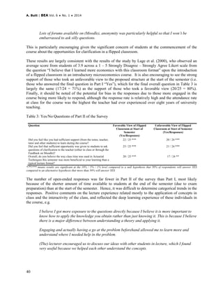 A. Butt | BEA Vol. 6 ♦ No. 1 ♦ 2014
40
Lots of forums available on (Moodle), anonymity was particularly helpful so that I won’t be
embarrassed to ask silly questions.
This is particularly encouraging given the significant concern of students at the commencement of the
course about the opportunities for clarification in a flipped classroom.
These results are largely consistent with the results of the study by Lage et al. (2000), who observed an
average score from students of 3.9 across a 1 – 5 Strongly Disagree – Strongly Agree Likert scale from
the question “I believe that I learned more economics with this classroom format” upon the introduction
of a flipped classroom in an introductory microeconomics course. It is also encouraging to see the strong
support of those who took an unfavorable view to the proposed structure at the start of the semester (i.e.
those who answered the final question in Part I “Yes”), which for the final overall question in Table 3 is
largely the same (17/24 = 71%) as the support of those who took a favorable view (20/25 = 80%).
Finally, it should be noted of the potential for bias in the responses due to those more engaged in the
course being more likely to respond, although the response rate is relatively high and the attendance rate
at class for the course was the highest the teacher had ever experienced over eight years of university
teaching.
Table 3: Yes/No Questions of Part II of the Survey
Question Favorable View of Flipped
Classroom at Start of
Semester
(Yes/Responses)
Unfavorable View of Flipped
Classroom at Start of Semester
(Yes/Responses)
Did you feel like you had sufficient support (from the notes, teacher,
tutor and other students) to learn during the course?
22 / 25 *** 20 / 24 ***
Did you feel that sufficient opportunity was given to students to ask
questions of clarification to the teacher (either in class or through the
Feedback on Moodle)?
25 / 25 *** 21 / 24 ***
Overall, do you believe the way class time was used in Actuarial
Techniques this semester was more beneficial to your learning than a
typical lecture format?
20 / 25 *** 17 / 24 **
*/**/*** means results are significant at the 10% / 5% / 1% level compared to a null hypothesis that 50% of respondents will answer YES
compared to an alternative hypothesis that more than 50% will answer YES.
The number of open-ended responses was far fewer in Part II of the survey than Part I, most likely
because of the shorter amount of time available to students at the end of the semester (due to exam
preparation) than at the start of the semester. Hence, it was difficult to determine categorical trends in the
responses. Positive comments on the lecture experience related mostly to the application of concepts in
class and the interactivity of the class, and reflected the deep learning experience of these individuals in
the course, e.g.
I believe I got more exposure to the questions directly because I believe it is more important to
know how to apply the knowledge you obtain rather than just knowing it. This is because I believe
there is a major difference between understanding a theory and applying it.
Engaging and actually having a go at the problem beforehand allowed me to learn more and
understand where I needed help in the problem.
(The) lecturer encouraged us to discuss our ideas with other students in lecture, which I found
very useful because we helped each other understand the concepts.
 