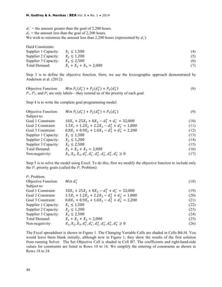M. Godfrey & A. Manikas | BEA Vol. 6 ♦ No. 1 ♦ 2014
48
d3
+
= the amount greater than the goal of 2,200 hours.
d3
-
= the amount less than the goal of 2,200 hours.
We wish to minimize the amount less than 2,200 hours (represented by d3
-
).
Hard Constraints:
Supplier 1 Capacity: 𝑋1 ≤ 1,500 (4)
Supplier 2 Capacity: 𝑋2 ≤ 1,200 (5)
Supplier 3 Capacity: 𝑋3 ≤ 2,500 (6)
Total Demand: 𝑋1 + 𝑋2 + 𝑋3 = 2,000 (7)
Step 3 is to define the objective function. Here, we use the lexicographic approach demonstrated by
Anderson et al. (2012):
Objective Function: 𝑀𝑖𝑛 𝑃1(𝑑1
−) + 𝑃2(𝑑2
+) + 𝑃3(𝑑3
−) (8)
P1, P2, and P3 are only labels—they remind us of the priority of each goal.
Step 4 is to write the complete goal programming model:
Objective Function: 𝑀𝑖𝑛 𝑃1(𝑑1
−) + 𝑃2(𝑑2
+) + 𝑃3(𝑑3
−) (9)
Subject to:
Goal 1 Constraint: 10𝑋1 + 25𝑋2 + 8𝑋3 − 𝑑1
+
+ 𝑑1
−
= 32,000 (10)
Goal 2 Constraint: 1.5𝑋1 + 1.2𝑋2 + 2.2𝑋3 − 𝑑2
+
+ 𝑑2
−
= 1,800 (11)
Goal 3 Constraint: 0.8𝑋1 + 0.9𝑋2 + 1.0𝑋3 − 𝑑3
+
+ 𝑑3
−
= 2,200 (12)
Supplier 1 Capacity: 𝑋1 ≤ 1,500 (13)
Supplier 2 Capacity: 𝑋2 ≤ 1,200 (14)
Supplier 3 Capacity: 𝑋3 ≤ 2,500 (15)
Total Demand: 𝑋1 + 𝑋2 + 𝑋3 = 2,000 (16)
Non-negativity: 𝑋1, 𝑋2, 𝑋3, 𝑑1
+
, 𝑑1
−
, 𝑑2
+
, 𝑑2
−
, 𝑑3
+
, 𝑑3
−
≥ 0 (17)
Step 5 is to solve the model using Excel. To do this, first we modify the objective function to include only
the P1 priority goals (called the P1 Problem):
P1 Problem:
Objective Function: 𝑀𝑖𝑛 𝑑1
−
(18)
Subject to:
Goal 1 Constraint: 10𝑋1 + 25𝑋2 + 8𝑋3 − 𝑑1
+
+ 𝑑1
−
= 32,000 (19)
Goal 2 Constraint: 1.5𝑋1 + 1.2𝑋2 + 2.2𝑋3 − 𝑑2
+
+ 𝑑2
−
= 1,800 (20)
Goal 3 Constraint: 0.8𝑋1 + 0.9𝑋2 + 1.0𝑋3 − 𝑑3
+
+ 𝑑3
−
= 2,200 (21)
Supplier 1 Capacity: 𝑋1 ≤ 1,500 (22)
Supplier 2 Capacity: 𝑋2 ≤ 1,200 (23)
Supplier 3 Capacity: 𝑋3 ≤ 2,500 (24)
Total Demand: 𝑋1 + 𝑋2 + 𝑋3 = 2,000 (25)
Non-negativity: 𝑋1, 𝑋2, 𝑋3, 𝑑1
+
, 𝑑1
−
, 𝑑2
+
, 𝑑2
−
, 𝑑3
+
, 𝑑3
−
≥ 0 (26)
The Excel spreadsheet is shown in Figure 1. The Changing Variable Cells are shaded in Cells B4:J4. You
would leave them blank initially, although now in Figure 1, they show the results of the first solution
from running Solver. The Set Objective Cell is shaded in Cell B7. The coefficients and right-hand-side
values for constraints are listed in Rows 10 to 16. We simplify the entering of constraints as shown in
Rows 18 to 24.
 