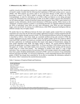 C. DiRienzo & G. Lilly | BEA Vol. 6 ♦ No. 1 ♦ 2014
6
could be viewed as the organizing construct for a more complete understanding of the Time Needed-side
of Carroll’s model. Consider then the following brief explanation of WM and working memory capacity
(WMC). Our WM connects our sensory input to our Long-Term Memory (LTM), where our school
knowledge is stored. If our WM is unable to process that input, it will not be added to our LTM.
Correspondingly, in order for information in our LTM to affect our behavior on test taking and paper
writing, this information has to pass through our WM. If our WM is unable to process that information,
our test taking and paper, writing will proceed without that information. Since WM is quite limited in its
capacity to store information, and the stored information in WM decays quickly, WM is known as the
“bottleneck” of human cognition. Evidence is accumulating that there are important differences between
the WMs of individuals; some WMs can store more information, some WMs can store information
longer, some can do both. As Conway et al. (2003) discuss, while WMC and general intelligence (IQ) are
different concepts, they are highly related.
We predict that two key differences between the basic and complex grades created from our teaching
experiment will come from the fact that each complex application involved a writing assignment that the
students could complete through successive drafts. The first predicted difference between the grade-types
is described as follows. Since these drafts are essentially problem-solving aids external to WM, the
complex applications are less reliant on WMC, hence the complex grades will be less related to MSAT
(since both WMC and MSAT are positively correlated with IQ, general intelligence). On the other hand,
the basic applications are traditional questions that require some degree of memorization; making the
basic grades dependent upon WMC and highly related to MSAT. The second predicted difference
between the grade-types is related to student GPA. As Flower and Hayes (1981) discuss, given the way
that papers are written, more drafts implies more reviewing, evaluating and revising and this process
usually leads to a better final product. The willingness to produce more drafts is a sign of high
motivation. Thus, we expect our proxy for motivation, GPA, to be strongly related to the complex grades.
Since basic grades should be fundamentally connected to WMC, and we are unaware of any relationship
between motivation and WMC, we will not be surprised by a weak relationship between GPA and basic
grades, if MSAT has already been controlled for. In an effort to consolidate the information outlined in
this section, Table 3 summarizes the essential discussion points.
Table 3: Summary of Empirical Model and Predictions
Proxies and Measures
D of L  BG and CG
Motivation  GPA
Opportunity to Learn  Courses
Aptitude  MSAT
Quality of Instruction  STAT, ACC, BLaw, OPS, ECON
Delivery Method (DM)  Online and Face-to-Face Instruction
Specifications
εβββββββββ +++++++++= EconOPSBLawACCDMCoursesGPAMSAToBG 87654321
εγγγγγγγγγ +++++++++= EconOPSBLawACCDMCoursesGPAMSAToCG 87654321
Predictions
β1 > γ1 > 0
γ2 > β2 > 0
β3 < 0 and γ3 < 0
β5 >0, β6 >0, β7 >0, β8 >0
γ5 > 0, γ6 > 0, γ7 > 0, γ8 > 0
Research Question: What is the impact of the delivery method (DM) captured by β4 and γ4
Table 3 provides a summary of data measures, regression model, and predictions employed in the analysis.
 