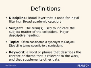 Definitions
 Discipline: Broad layer that is used for initial
filtering. Broad academic category.
 Subject: The term(s) used to indicate the
subject matter of the collection. Major
descriptive heading.
 Topic: Often considered a synonym to Subject.
Discipline terms specific to a curriculum.
 Keyword: a word or phrase that describes the
content or theme that is relevant to the work,
and that supplements other data.
BEA: May 2015
 