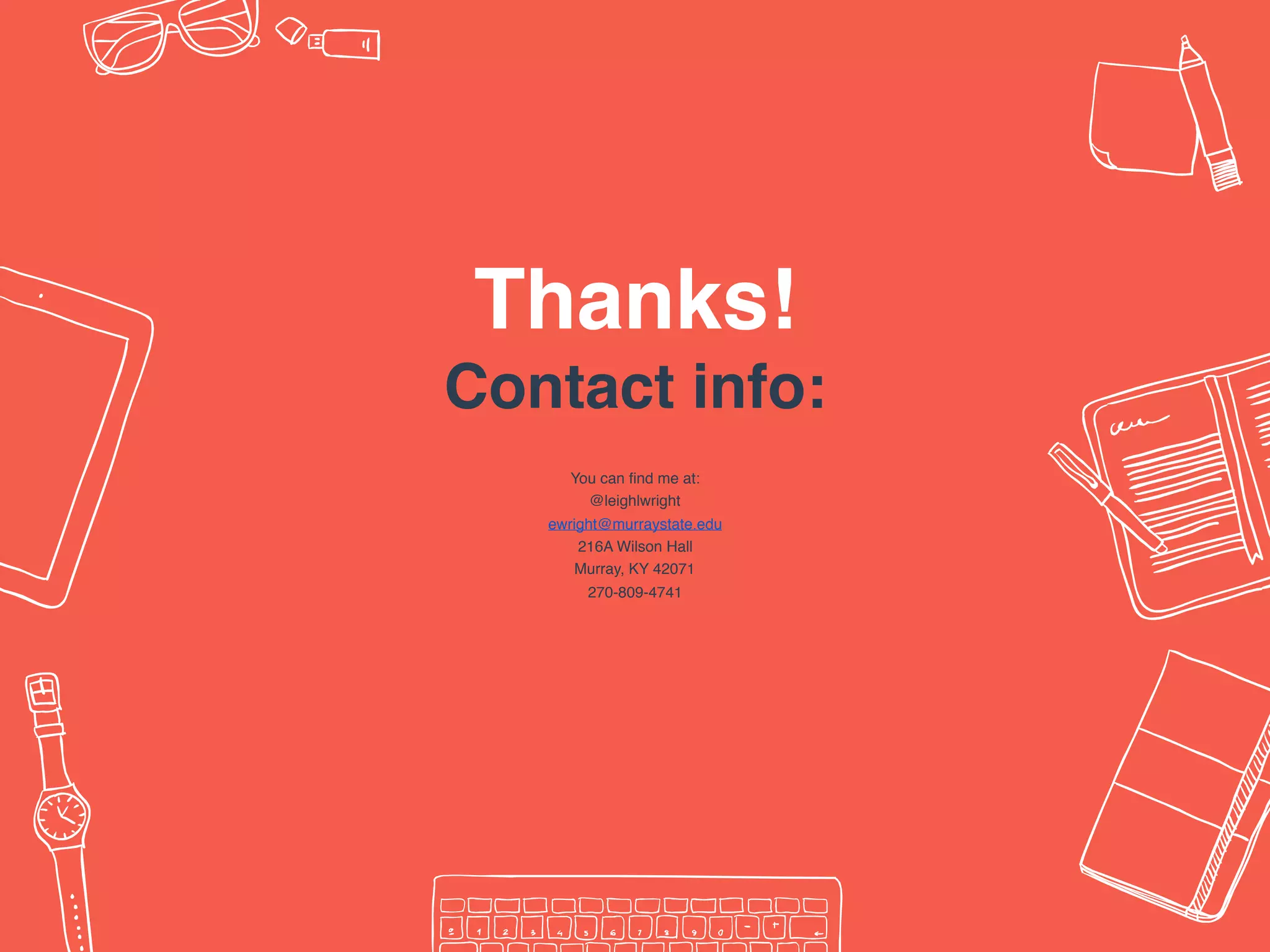 Thanks!
Contact info:
You can find me at:
@leighlwright
ewright@murraystate.edu
216A Wilson Hall
Murray, KY 42071
270-809-4741
 