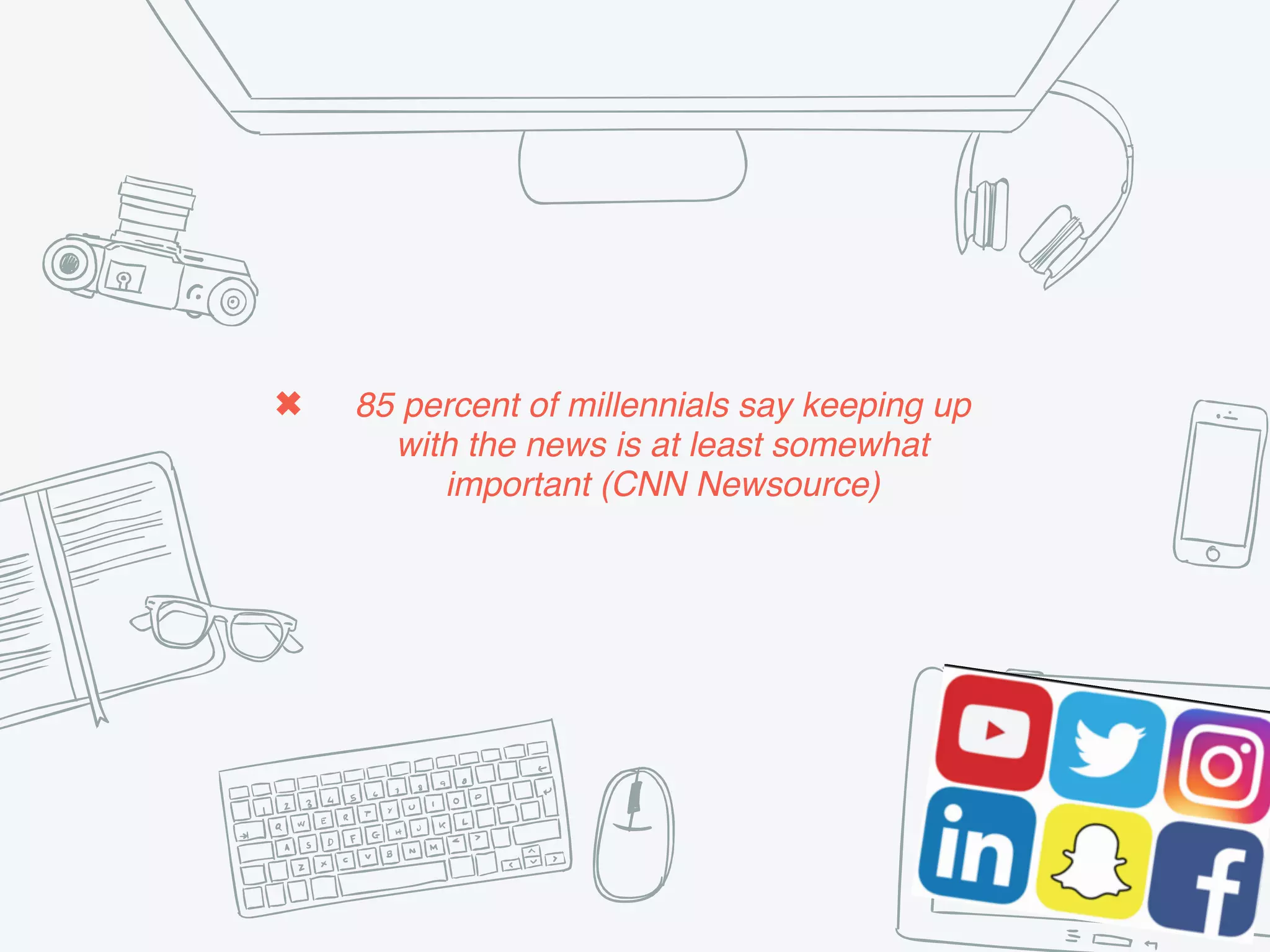 ✖ 85 percent of millennials say keeping up
with the news is at least somewhat
important (CNN Newsource)
 