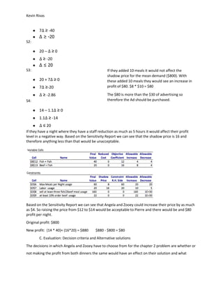 Kevin Rivas
If they added 10 meals it would not affect the
shadow price for the mean demand ($800). With
these added 10 meals they would see an increase in
profit of $80. $8 * $10 = $80
The $80 is more than the $30 of advertising so
therefore the Ad should be purchased.
● 7Δ ≥ -40
● Δ ≥ -20
S2:
● 20 – Δ ≥ 0
● Δ ≥ -20
● Δ ≤ 20
S3:
● 20 + 7Δ ≥ 0
● 7Δ ≥-20
● Δ ≥ -2.86
S4:
● 14 – 1.1Δ ≥ 0
● 1.1Δ ≥ -14
● Δ ≤ 20
If they have a night where they have a staff reduction as much as 5 hours it would affect their profit
level in a negative way. Based on the Sensitivity Report we can see that the shadow price is 16 and
therefore anything less than that would be unacceptable.
Based on the Sensitivity Report we can see that Angela and Zooey could increase their price by as much
as $4. So raising the price from $12 to $14 would be acceptable to Pierre and there would be and $80
profit per night.
Original profit: $800
New profit: (14 * 40)+ (16*20) = $880 $880 - $800 = $80
C. Evaluation: Decision criteria and Alternative solutions
The decisions in which Angela and Zooey have to choose from for the chapter 2 problem are whether or
not making the profit from both dinners the same would have an effect on their solution and what
 