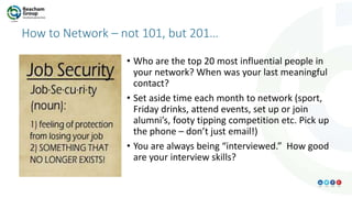 How to Network – not 101, but 201…
• Who are the top 20 most influential people in
your network? When was your last meanin...