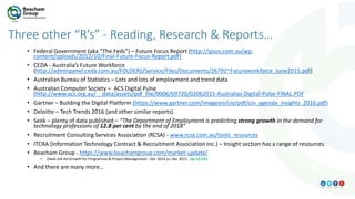 Three other “R’s” - Reading, Research & Reports…
• Federal Government (aka “The Feds”) – Future Focus Report (http://ipsos.com.au/wp-
content/uploads/2012/10/Final-Future-Focus-Report.pdf)
• CEDA - Australia’s Future Workforce
(http://adminpanel.ceda.com.au/FOLDERS/Service/Files/Documents/26792~Futureworkforce_June2015.pdf)
• Australian Bureau of Statistics – Lots and lots of employment and trend data
• Australian Computer Society – ACS Digital Pulse
(http://www.acs.org.au/__data/assets/pdf_file/0006/69720/02062015-Australias-Digital-Pulse-FINAL.PDF
• Gartner – Building the Digital Platform (https://www.gartner.com/imagesrv/cio/pdf/cio_agenda_insights_2016.pdf)
• Deloitte – Tech Trends 2016 (and other similar reports).
• Seek – plenty of data published – “The Department of Employment is predicting strong growth in the demand for
technology professions of 12.8 per cent by the end of 2018”
• Recruitment Consulting Services Association (RCSA) - www.rcsa.com.au/tools_resources
• ITCRA (Information Technology Contract & Recruitment Association Inc.) – Insight section has a range of resources.
• Beacham Group - https://www.beachamgroup.com/market-update/
• (Seek Job Ad Growth for Programme & Project Management - Dec 2014 vs. Dec 2015. Up 12.5%)
• And there are many more…
 