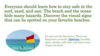 Everyone should learn how to stay safe in the
surf, sand, and sun. The beach and the ocean
hide many hazards. Discover the visual signs
that can be spotted on your favorite beaches.
It's not just the big waves. There are
dangerous currents, lightning, harmful
algae, sharks, jelly-fish, and man-o-war
stings out there.
 