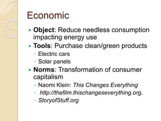 Economic
 Object: Reduce needless consumption
impacting energy use
 Tools: Purchase clean/green products
◦ Electric cars
◦ Solar panels
 Norms: Transformation of consumer
capitalism
◦ Naomi Klein: This Changes Everything
◦ http://thefilm.thischangeseverything.org.
◦ StoryofStuff.org
 