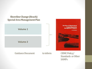 ShorelineChange(Beach)
SpecialAreaManagementPlan
Volume 1
Volume 2
GuidanceDocument toinform CRMCPolicy/
Standards orOther
SAMPs
 