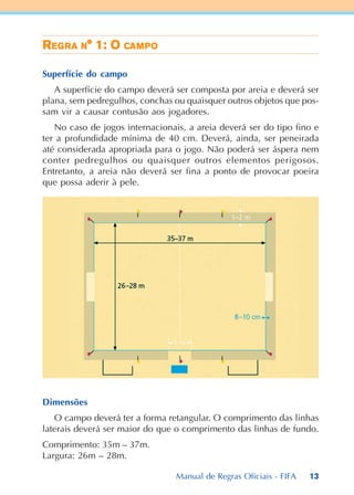 13
RRRRREEEEEGGGGGRARARARARA NNNNN° 1: O° 1: O° 1: O° 1: O° 1: O CCCCCAMAMAMAMAMPPPPPOOOOO
Superfície do campo
A superfície do campo deverá ser composta por areia e deverá ser
plana, sem pedregulhos, conchas ou quaisquer outros objetos que pos-
sam vir a causar contusão aos jogadores.
No caso de jogos internacionais, a areia deverá ser do tipo fino e
ter a profundidade mínima de 40 cm. Deverá, ainda, ser peneirada
até considerada apropriada para o jogo. Não poderá ser áspera nem
conter pedregulhos ou quaisquer outros elementos perigosos.
Entretanto, a areia não deverá ser fina a ponto de provocar poeira
que possa aderir à pele.
Dimensões
O campo deverá ter a forma retangular. O comprimento das linhas
laterais deverá ser maior do que o comprimento das linhas de fundo.
Comprimento: 35m – 37m.
Largura: 26m – 28m.
Manual de Regras Oficiais - FIFA
 