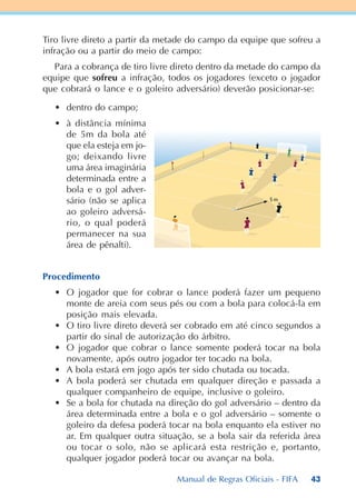 43
Tiro livre direto a partir da metade do campo da equipe que sofreu a
infração ou a partir do meio de campo:
Para a cobrança de tiro livre direto dentro da metade do campo da
equipe que sofreu a infração, todos os jogadores (exceto o jogador
que cobrará o lance e o goleiro adversário) deverão posicionar-se:
• dentro do campo;
• à distância mínima
de 5m da bola até
que ela esteja em jo-
go; deixando livre
uma área imaginária
determinada entre a
bola e o gol adver-
sário (não se aplica
ao goleiro adversá-
rio, o qual poderá
permanecer na sua
área de pênalti).
Procedimento
• O jogador que for cobrar o lance poderá fazer um pequeno
monte de areia com seus pés ou com a bola para colocá-la em
posição mais elevada.
• O tiro livre direto deverá ser cobrado em até cinco segundos a
partir do sinal de autorização do árbitro.
• O jogador que cobrar o lance somente poderá tocar na bola
novamente, após outro jogador ter tocado na bola.
• A bola estará em jogo após ter sido chutada ou tocada.
• A bola poderá ser chutada em qualquer direção e passada a
qualquer companheiro de equipe, inclusive o goleiro.
• Se a bola for chutada na direção do gol adversário – dentro da
área determinada entre a bola e o gol adversário – somente o
goleiro da defesa poderá tocar na bola enquanto ela estiver no
ar. Em qualquer outra situação, se a bola sair da referida área
ou tocar o solo, não se aplicará esta restrição e, portanto,
qualquer jogador poderá tocar ou avançar na bola.
Manual de Regras Oficiais - FIFA
 