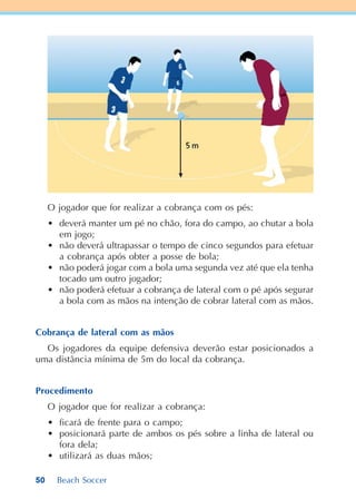 50 Beach Soccer
O jogador que for realizar a cobrança com os pés:
• deverá manter um pé no chão, fora do campo, ao chutar a bola
em jogo;
• não deverá ultrapassar o tempo de cinco segundos para efetuar
a cobrança após obter a posse de bola;
• não poderá jogar com a bola uma segunda vez até que ela tenha
tocado um outro jogador;
• não poderá efetuar a cobrança de lateral com o pé após segurar
a bola com as mãos na intenção de cobrar lateral com as mãos.
Cobrança de lateral com as mãos
Os jogadores da equipe defensiva deverão estar posicionados a
uma distância mínima de 5m do local da cobrança.
Procedimento
O jogador que for realizar a cobrança:
• ficará de frente para o campo;
• posicionará parte de ambos os pés sobre a linha de lateral ou
fora dela;
• utilizará as duas mãos;
 