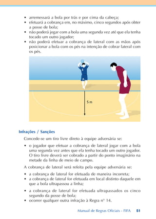 51
Infrações / Sanções
Concede-se um tiro livre direto à equipe adversária se:
• o jogador que efetuar a cobrança de lateral jogar com a bola
uma segunda vez antes que ela tenha tocado um outro jogador.
O tiro livre deverá ser cobrado a partir do ponto imaginário na
metade da linha de meio de campo.
A cobrança de lateral será refeita pela equipe adversária se:
• a cobrança de lateral for efetuada de maneira incorreta;
• a cobrança de lateral for efetuada em local distinto daquele em
que a bola ultrapassou a linha;
• a cobrança de lateral for efetuada ultrapassados os cinco
segundo da posse de bola;
• ocorrer qualquer outra infração à Regra n° 14.
• arremessará a bola por trás e por cima da cabeça;
• efetuará a cobrança em, no máximo, cinco segundos após obter
a posse de bola;
• não poderá jogar com a bola uma segunda vez até que ela tenha
tocado um outro jogador;
• não poderá efetuar a cobrança de lateral com as mãos após
posicionar a bola com os pés na intenção de cobrar lateral com
os pés.
Manual de Regras Oficiais - FIFA
 