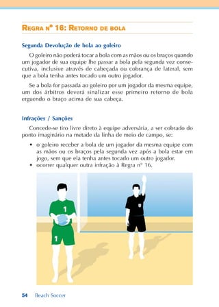 54 Beach Soccer
RRRRREEEEEGGGGGRARARARARA NNNNN° 16: R° 16: R° 16: R° 16: R° 16: RETETETETETORORORORORNNNNNOOOOO DDDDDEEEEE BBBBBOLAOLAOLAOLAOLA
Segunda Devolução de bola ao goleiro
O goleiro não poderá tocar a bola com as mãos ou os braços quando
um jogador de sua equipe lhe passar a bola pela segunda vez conse-
cutiva, inclusive através de cabeçada ou cobrança de lateral, sem
que a bola tenha antes tocado um outro jogador.
Se a bola for passada ao goleiro por um jogador da mesma equipe,
um dos árbitros deverá sinalizar esse primeiro retorno de bola
erguendo o braço acima de sua cabeça.
Infrações / Sanções
Concede-se tiro livre direto à equipe adversária, a ser cobrado do
ponto imaginário na metade da linha de meio de campo, se:
• o goleiro receber a bola de um jogador da mesma equipe com
as mãos ou os braços pela segunda vez após a bola estar em
jogo, sem que ela tenha antes tocado um outro jogador.
• ocorrer qualquer outra infração à Regra n° 16.
 