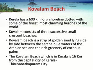 Kerela has a 600 km long shoreline dotted with some of the finest, most charming beaches of the world. Kovalam consists of three successive small crescent beaches.  Kovalam beach is a strip of golden sand lying side by side between the serene blue waters of the Arabian sea and the rich greenery of coconut palms.  The Kovalam Beach which is in Kerala is 16 Km from the capital city of Kerala-Thiruvanathapuram City. 