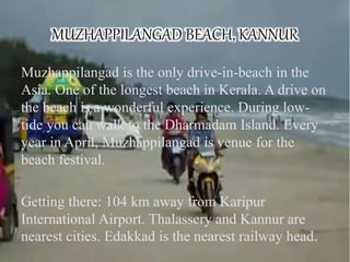 MUZHAPPILANGAD BEACH, KANNUR
Muzhappilangad is the only drive-in-beach in the
Asia. One of the longest beach in Kerala. A drive on
the beach is a wonderful experience. During low-
tide you can walk to the Dharmadam Island. Every
year in April, Muzhappilangad is venue for the
beach festival.
Getting there: 104 km away from Karipur
International Airport. Thalassery and Kannur are
nearest cities. Edakkad is the nearest railway head.
 