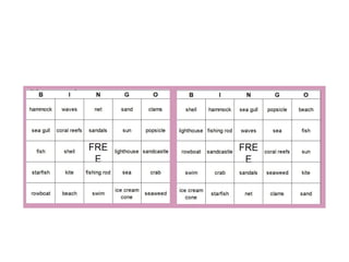 Beach words with bingo game cards
