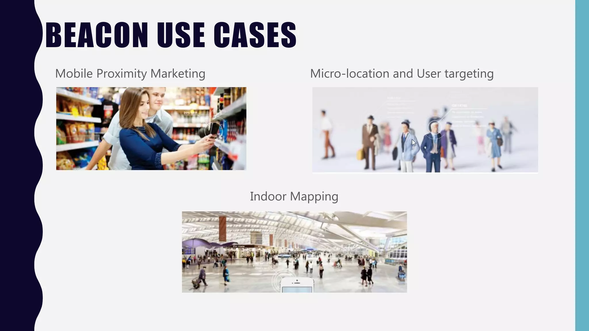 BEACON USE CASES
Mobile Proximity Marketing Micro-location and User targeting
Indoor Mapping
 