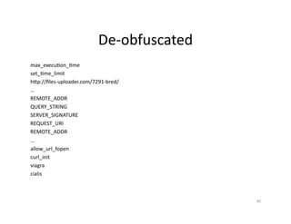 De-­‐obfuscated	
  
max_execuSon_Sme	
  
set_Sme_limit	
  
hGp://ﬁles-­‐uploader.com/7291-­‐bred/	
  
…	
  
REMOTE_ADDR	
  
QUERY_STRING	
  
SERVER_SIGNATURE	
  
REQUEST_URI	
  
REMOTE_ADDR	
  
…	
  
allow_url_fopen	
  
curl_init	
  
viagra	
  
cialis	
  
30	
  
 