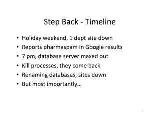 Step	
  Back	
  -­‐	
  Timeline	
  
•  Holiday	
  weekend,	
  1	
  dept	
  site	
  down	
  
•  Reports	
  pharmaspam	
  in	
  Google	
  results	
  
•  7	
  pm,	
  database	
  server	
  maxed	
  out	
  
•  Kill	
  processes,	
  they	
  come	
  back	
  
•  Renaming	
  databases,	
  sites	
  down	
  
•  But	
  most	
  importantly…	
  
7	
  
 