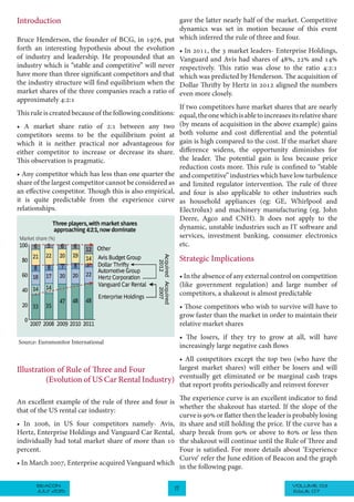 VOLUME 03BEACON
JULY 2015 17 ISSUE 07
Introduction
Bruce Henderson, the founder of BCG, in 1976, put
forth an interesting hypothesis about the evolution
of industry and leadership. He propounded that an
industry which is “stable and competitive” will never
have more than three significant competitors and that
the industry structure will find equilibrium when the
market shares of the three companies reach a ratio of
approximately 4:2:1
This rule is created because of the following conditions:
• A market share ratio of 2:1 between any two
competitors seems to be the equilibrium point at
which it is neither practical nor advantageous for
either competitor to increase or decrease its share.
This observation is pragmatic.
• Any competitor which has less than one quarter the
share of the largest competitor cannot be considered as
an effective competitor. Though this is also empirical,
it is quite predictable from the experience curve
relationships.
Source: Euromonitor International
Illustration of Rule of Three and Four
(Evolution of US Car Rental Industry)
An excellent example of the rule of three and four is
that of the US rental car industry:
• In 2006, in US four competitors namely- Avis,
Hertz, Enterprise Holdings and Vanguard Car Rental,
individually had total market share of more than 10
percent.
• In March 2007, Enterprise acquired Vanguard which
gave the latter nearly half of the market. Competitive
dynamics was set in motion because of this event
which inferred the rule of three and four.
• In 2011, the 3 market leaders- Enterprise Holdings,
Vanguard and Avis had shares of 48%, 22% and 14%
respectively. This ratio was close to the ratio 4:2:1
which was predicted by Henderson. The acquisition of
Dollar Thrifty by Hertz in 2012 aligned the numbers
even more closely.
If two competitors have market shares that are nearly
equal,theonewhichisabletoincreasesitsrelativeshare
(by means of acquisition in the above example) gains
both volume and cost differential and the potential
gain is high compared to the cost. If the market share
difference widens, the opportunity diminishes for
the leader. The potential gain is less because price
reduction costs more. This rule is confined to “stable
and competitive” industries which have low turbulence
and limited regulator intervention. The rule of three
and four is also applicable to other industries such
as household appliances (eg: GE, Whirlpool and
Electrolux) and machinery manufacturing (eg. John
Deere, Agco and CNH). It does not apply to the
dynamic, unstable industries such as IT software and
services, investment banking, consumer electronics
etc.
Strategic Implications
• In the absence of any external control on competition
(like government regulation) and large number of
competitors, a shakeout is almost predictable
• Those competitors who wish to survive will have to
grow faster than the market in order to maintain their
relative market shares
• The losers, if they try to grow at all, will have
increasingly large negative cash flows
• All competitors except the top two (who have the
largest market shares) will either be losers and will
eventually get eliminated or be marginal cash traps
that report profits periodically and reinvest forever
The experience curve is an excellent indicator to find
whether the shakeout has started. If the slope of the
curve is 90% or flatter then the leader is probably losing
its share and still holding the price. If the curve has a
sharp break from 90% or above to 80% or less then
the shakeout will continue until the Rule of Three and
Four is satisfied. For more details about ‘Experience
Curve’ refer the June edition of Beacon and the graph
in the following page.
 