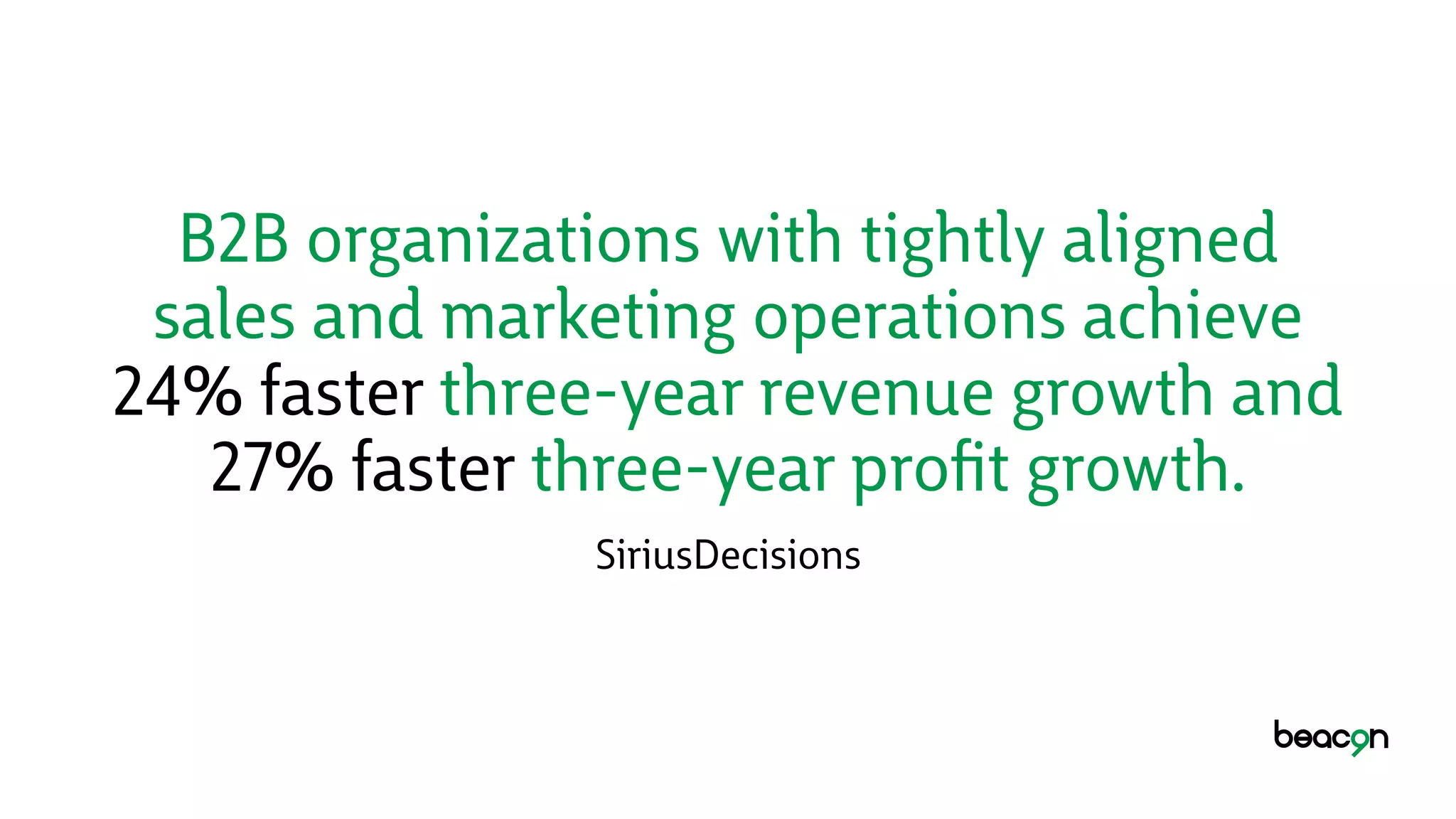 B2B organizations with tightly aligned
sales and marketing operations achieve
24% faster three-year revenue growth and
27% faster three-year proﬁt growth.
SiriusDecisions
 