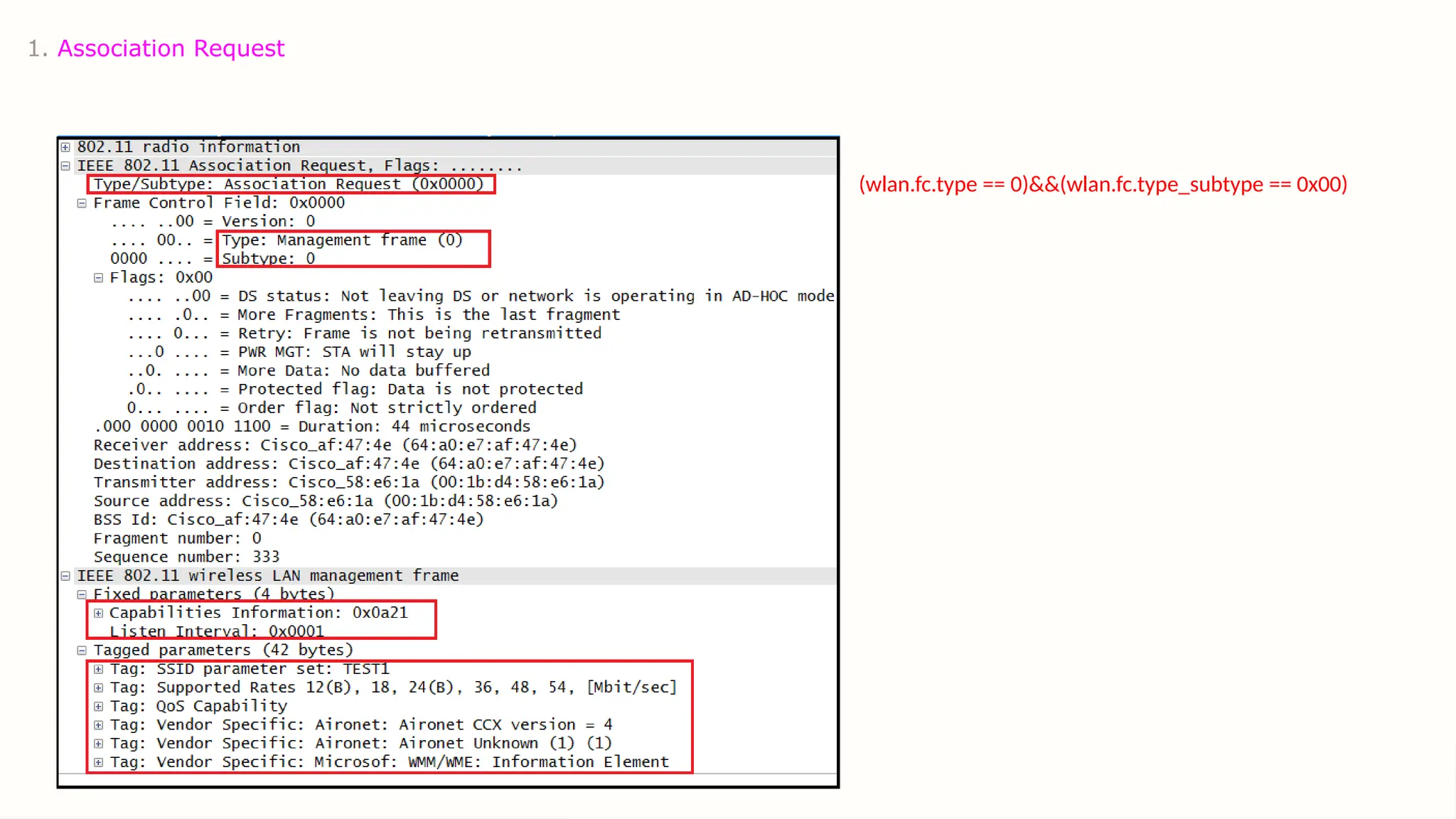 1. Association Request
(wlan.fc.type == 0)&&(wlan.fc.type_subtype == 0x00)
 