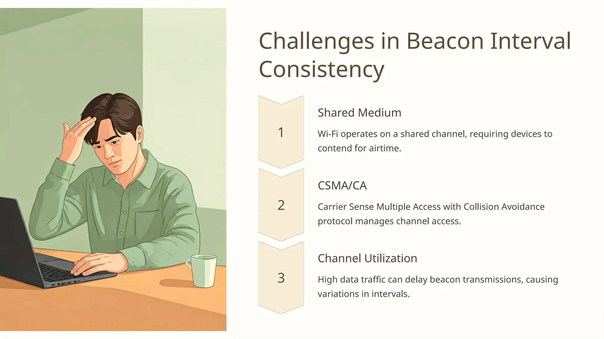 Challenges in Beacon Interval
Consistency
Shared Medium
Wi-Fi operates on a shared channel, requiring devices to
contend for airtime.
CSMA/CA
Carrier Sense Multiple Access with Collision Avoidance
protocol manages channel access.
Channel Utilization
High data traffic can delay beacon transmissions, causing
variations in intervals.
 