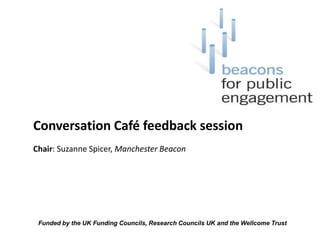 Conversation Café feedback session Chair: Suzanne Spicer, Manchester Beacon Funded by the UK Funding Councils, Research Councils UK and the Wellcome Trust  