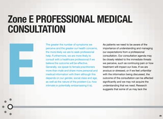 The greater the number of symptoms we
perceive and the greater our health concerns,
the more likely we are to seek professional
help. Furthermore, we are more likely to
consult with a healthcare professional if we
believe the outcome will be eﬀective.
Generally, we speak to female practitioners
more than male and share more personal and
medical information with them although this
depends on our gender, social class and age,
as well as the nature of the problem (i.e. how
intimate or potentially embarrassing it is).
As patients we need to be aware of the
importance of understanding and managing
our expectations from a professional
consultation. Our consultation agenda may
be closely related to the immediate threats
we perceive, such as continuing pain or how
treatment will impact our lives. If we are
anxious or stressed, or if we feel unfamiliar
with the information being discussed, the
outcome of the consultation can be aﬀected
signiﬁcantly and we may not acquire the
understanding that we need. Research
suggests that some of us may lack the
Zone E PROFESSIONAL MEDICAL
CONSULTATION
26
E
 