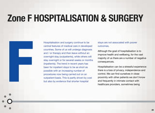 Hospitalisation and surgery continue to be
central features of medical care in developed
countries. Some of us will undergo diagnosis
and / or therapy and then leave without an
overnight stay (outpatients), while others will
stay overnight or for several weeks or months
(inpatients). The trend in recent years has
been for inpatient stays to be as short as
possible with an increasing number of
procedures now being carried out on an
outpatient basis. This is partly driven by cost
but also by evidence that shorter hospital
stays are not associated with poorer
outcomes.
Although the goal of hospitalisation is to
improve health and wellbeing, for the vast
majority of us there are a number of negative
consequences.
Hospitalisation can be a stressful experience:
there is a loss of privacy, independence and
control. We can ﬁnd ourselves in close
proximity with other patients we don't know
and frequently in intimate contact with
healthcare providers, sometimes being
Zone F HOSPITALISATION & SURGERY
29
F
 