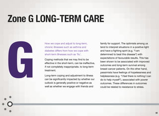 How we cope and adjust to long-term,
chronic illnesses such as asthma and
diabetes diﬀers from how we cope with
short-term illnesses such as ‘ﬂu’.
Coping methods that we may ﬁnd to be
eﬀective in the short-term, can be ineﬀective,
if not completely inappropriate, to long-term
treatment.
Long-term coping and adjustment to illness
can be signiﬁcantly impacted by whether our
outlook is generally positive or negative as
well as whether we engage with friends and
family for support. The optimists among us
tend to interpret situations in a positive light
and have a ﬁghting spirit (e.g. “I am
determined to beat this disease”) with
expectations of favourable results. This has
been shown to be associated with improved
outcomes and long-term survival among
breast cancer patients. On the other hand,
pessimists have feelings of hopelessness and
helplessness (e.g. “I feel there is nothing I can
do to help myself”), associated with poorer
outcomes. These diﬀerences in outcomes
could be related to resistance to stress.
Zone G LONG-TERM CARE
32
G
 