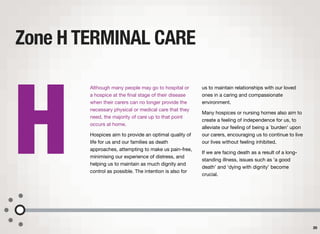 Although many people may go to hospital or
a hospice at the ﬁnal stage of their disease
when their carers can no longer provide the
necessary physical or medical care that they
need, the majority of care up to that point
occurs at home.
Hospices aim to provide an optimal quality of
life for us and our families as death
approaches, attempting to make us pain-free,
minimising our experience of distress, and
helping us to maintain as much dignity and
control as possible. The intention is also for
us to maintain relationships with our loved
ones in a caring and compassionate
environment.
Many hospices or nursing homes also aim to
create a feeling of independence for us, to
alleviate our feeling of being a `burden' upon
our carers, encouraging us to continue to live
our lives without feeling inhibited.
If we are facing death as a result of a long-
standing illness, issues such as ‘a good
death’ and ‘dying with dignity’ become
crucial.
Zone H TERMINAL CARE
35
H
 