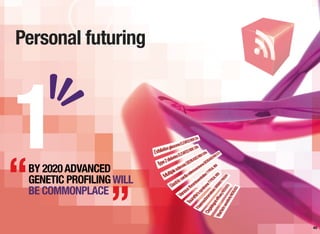 Personal futuring
40
1“
”
BY 2020ADVANCED
GENETIC PROFILINGWILL
BE COMMONPLACE
 